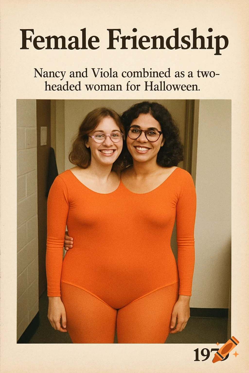 Two young women in a combined orange costume creating a two-headed woman illusion, with text 'Female Friendship' and '1979'.