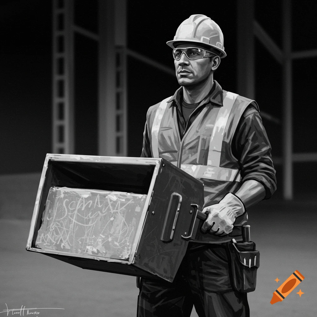 Black and white illustration of a construction worker holding a large box.