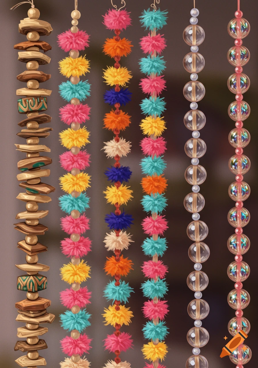 Vertical strands of colorful decorative elements including wooden pieces, pom-poms, and beads.