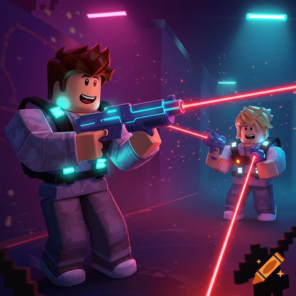 Roblox characters play laser tag in a dark arena.