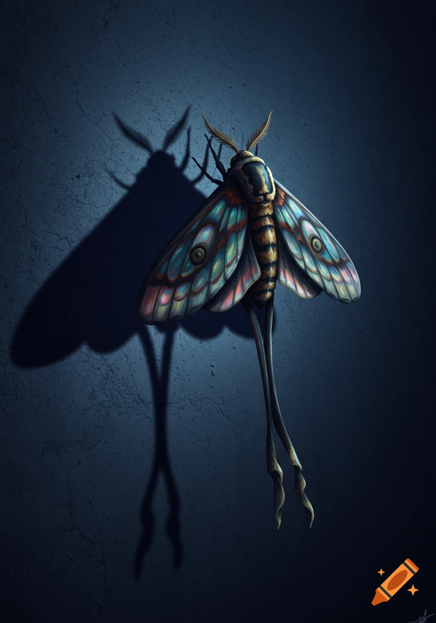 A colorful moth hangs on a textured dark wall, casting a large, dark shadow.