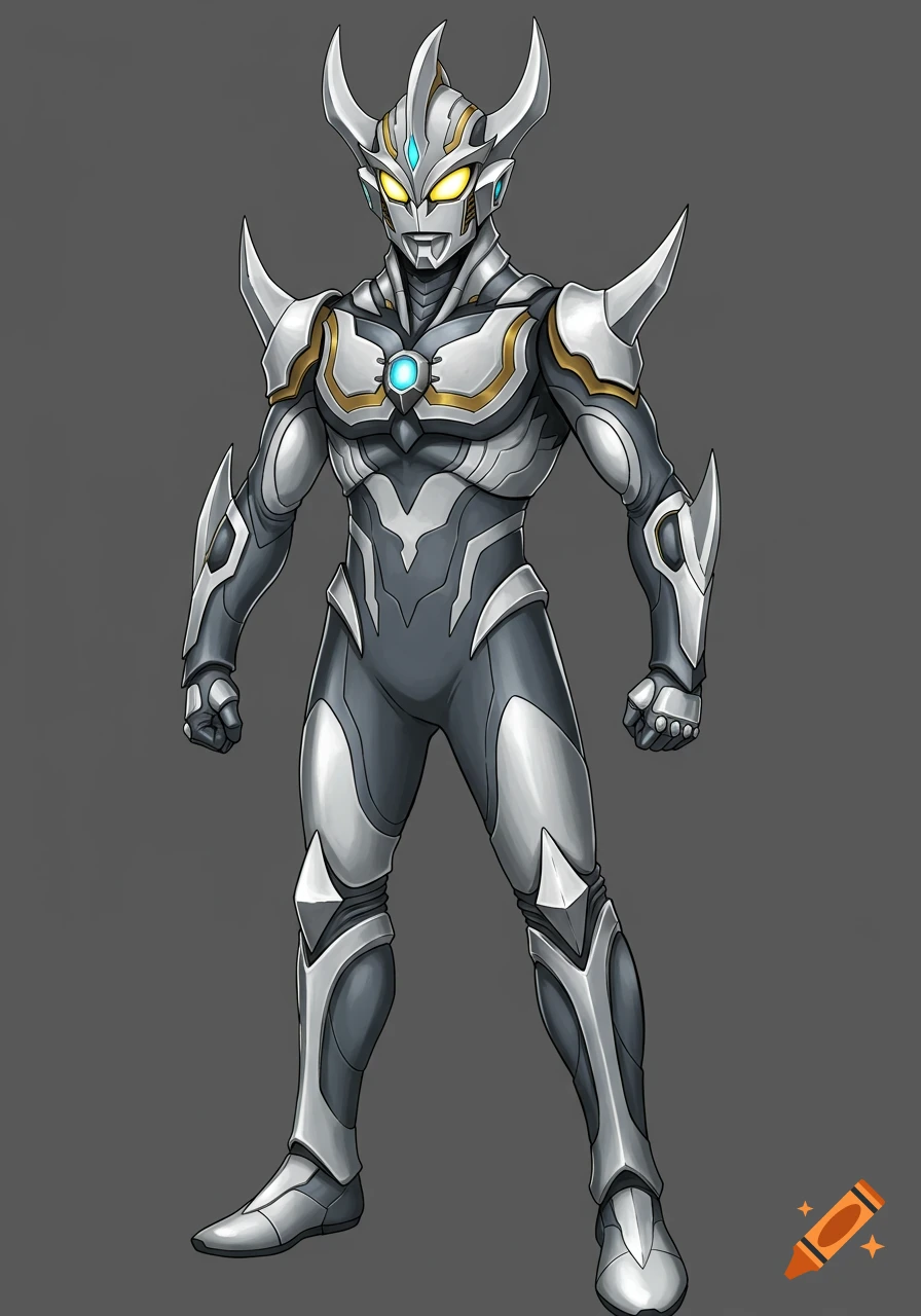 A full-body digital illustration of a futuristic superhero or mecha in grey and silver armor with yellow eyes and a glowing blue chest piece.
