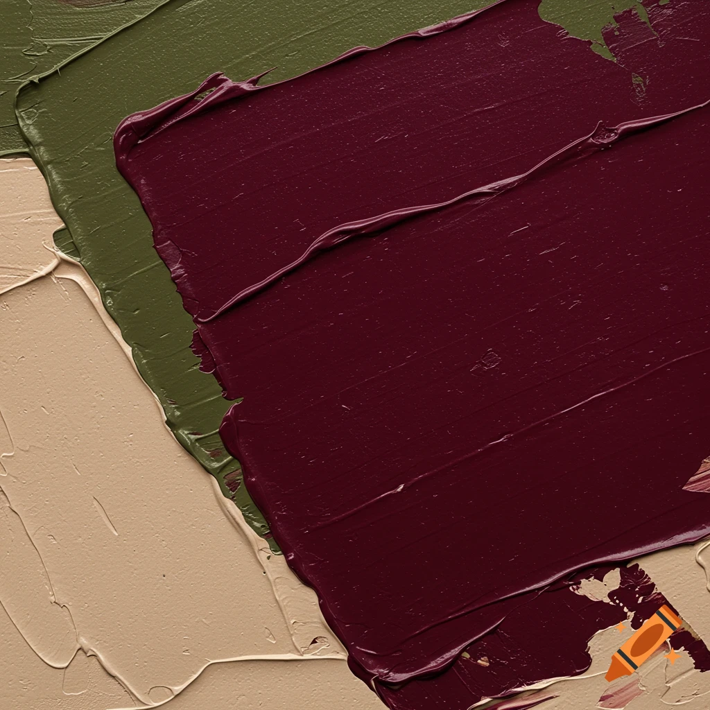 Abstract painting with thick strokes of dark red, olive green, and beige paint.