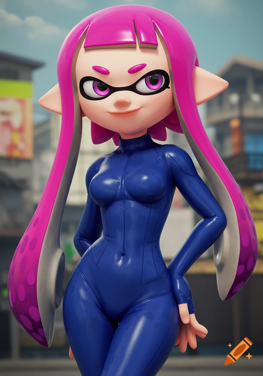 Splatoon Inkling character in a tight blue suit standing outdoors.