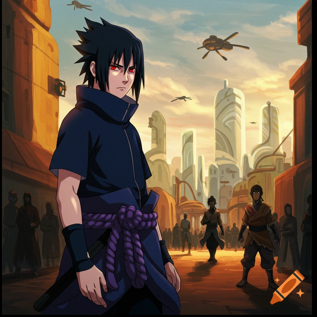 Sasuke Uchiha stands in a futuristic city scene with other figures and flying vehicles in the sky.