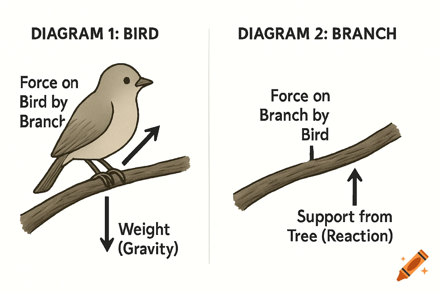 Diagrams illustrating forces on a bird perched on a branch: Force on Bird by Branch, Weight, Force on Branch by Bird, Support from Tree.