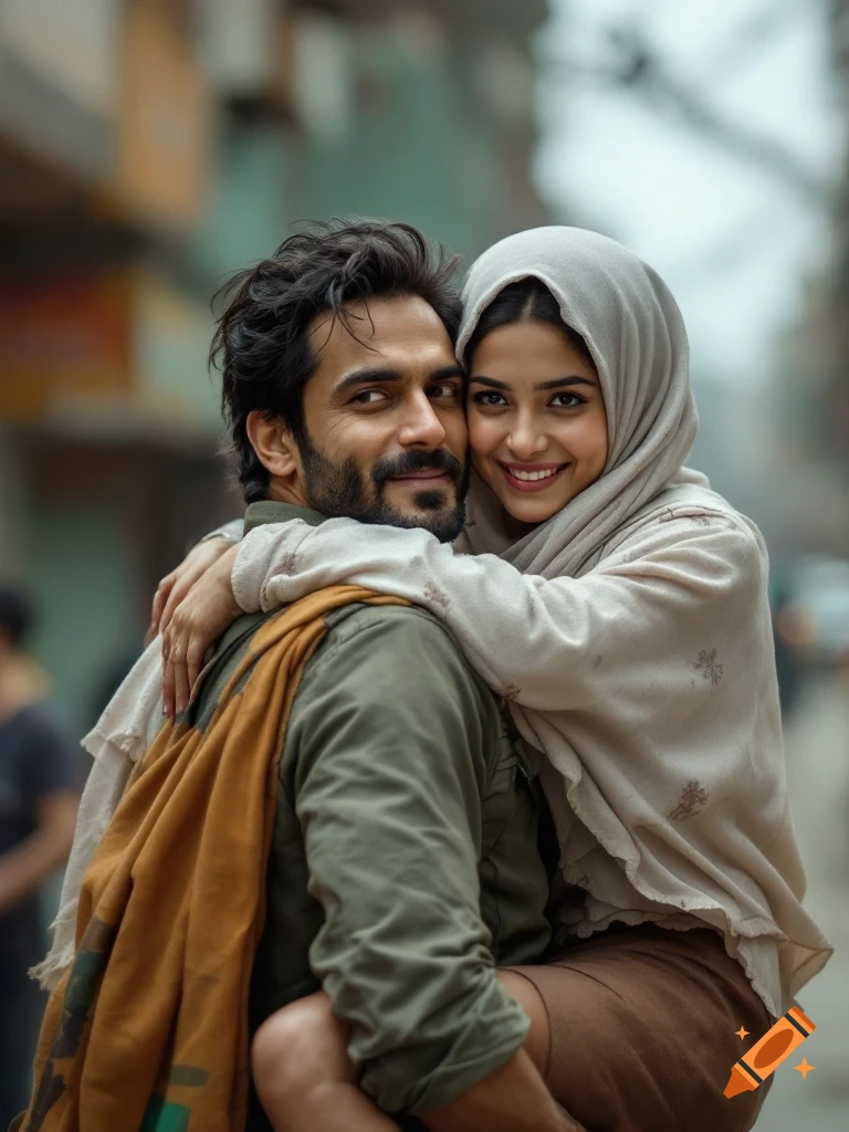 Man carrying woman in hijab over shoulder, both smiling, in a street