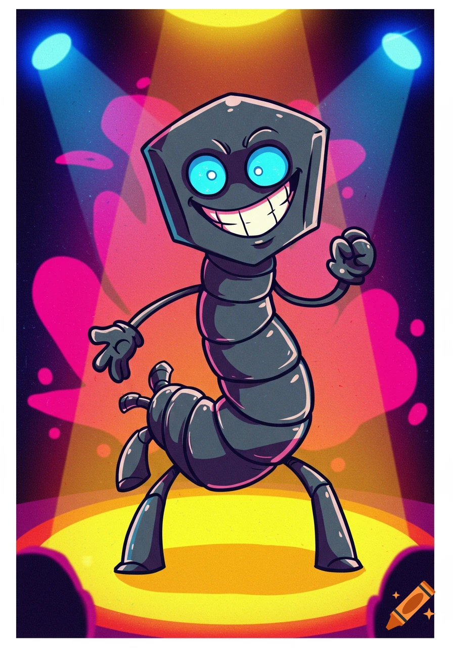 A cartoon character resembling a screw with many legs and arms dances on a stage under spotlights.