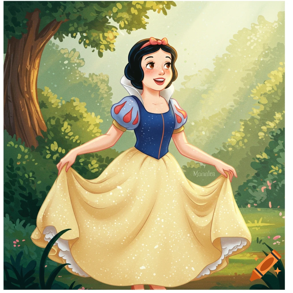 Snow White in a forest clearing, cartoon style.