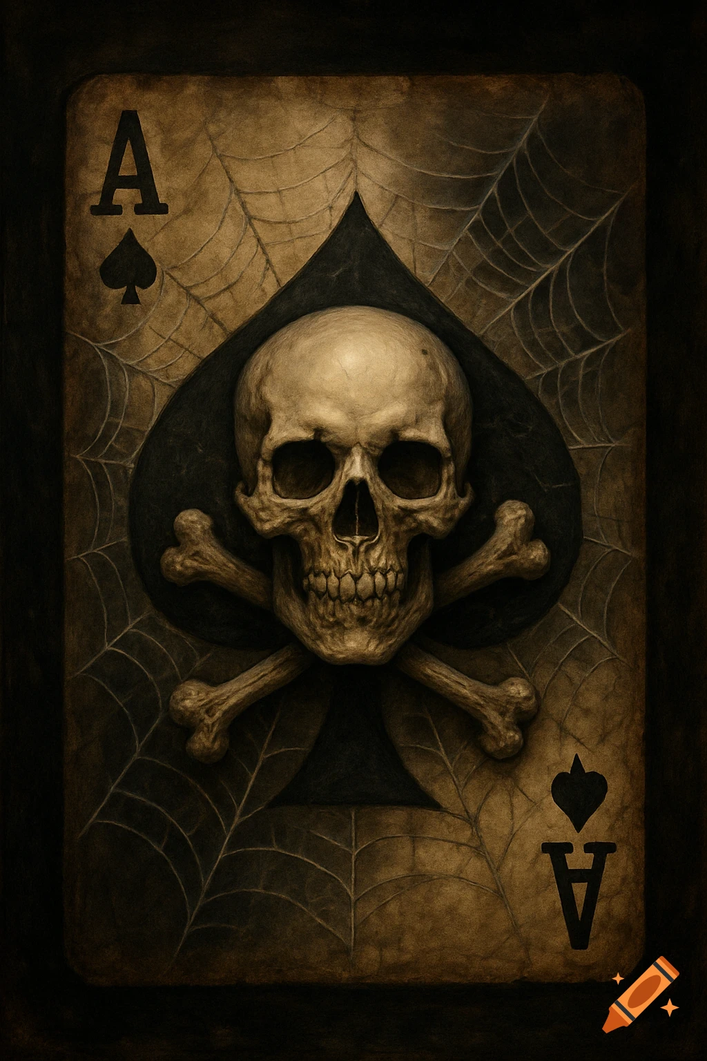 An Ace of Spades playing card featuring a skull and crossbones on the spade symbol, surrounded by cobwebs, in a dark, textured style.