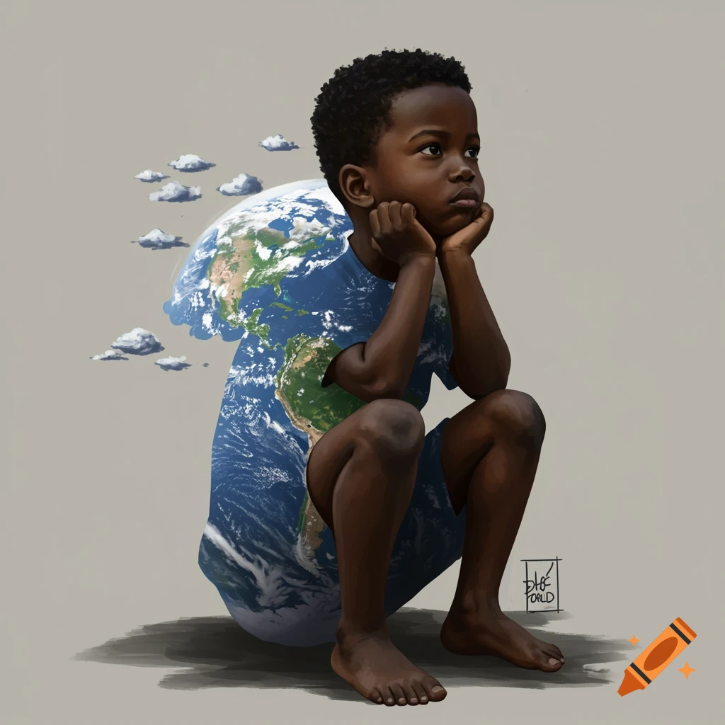 Realistic painting of a young Black boy crouching, resting his chin on his hands, with the Earth on his back like clothing.