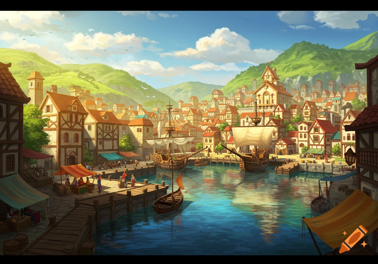 An illustration of a fantasy harbor town with ships docked at piers and buildings on a sunny day.