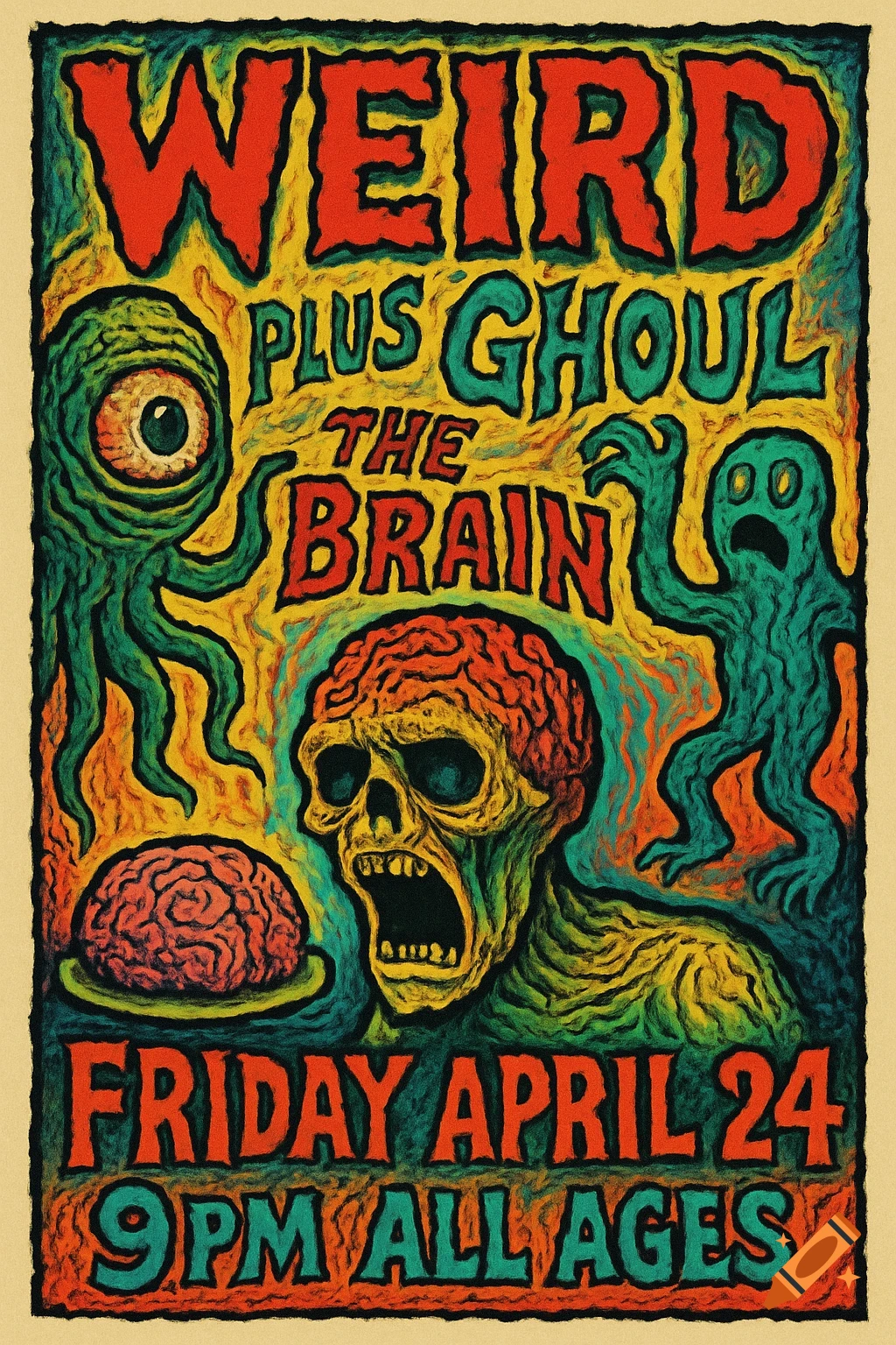 Stylized gig poster artwork featuring a skull with an exposed brain, green tentacled creature, and a ghost, with text 'WEIRD PLUS GHOUL THE BRAIN', 'FRIDAY APRIL 24', '9PM ALL AGES'.