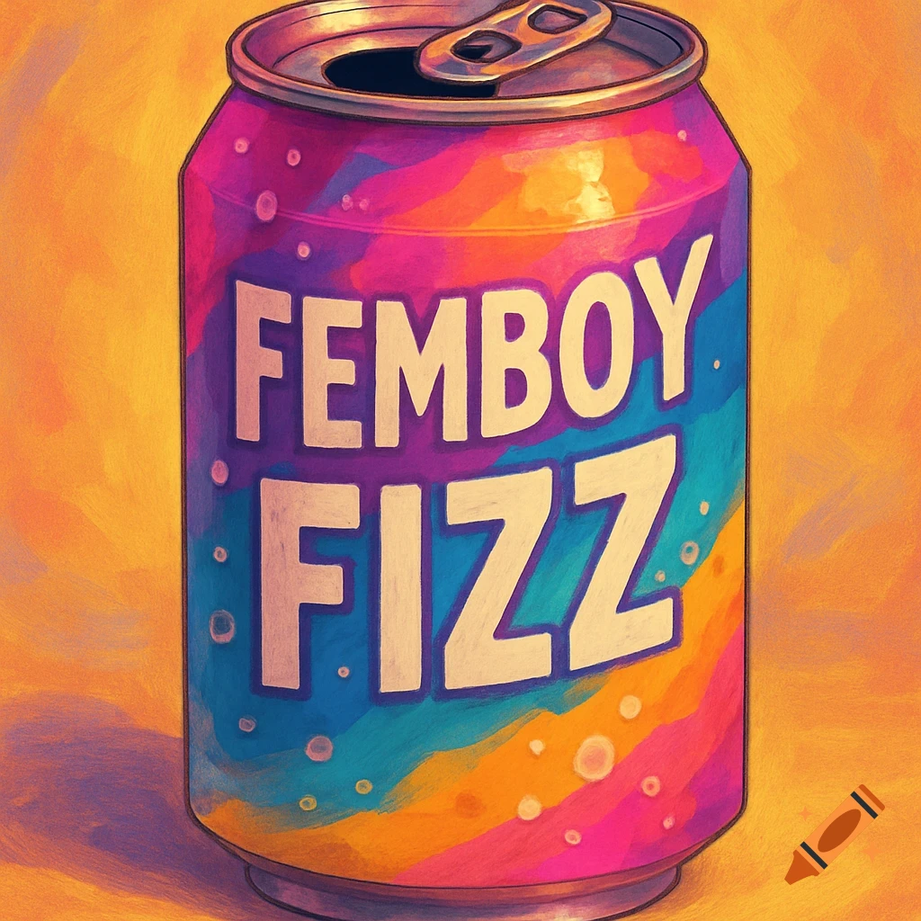 A colorful soda can labeled 'FEMBOY FIZZ' in a painterly style.