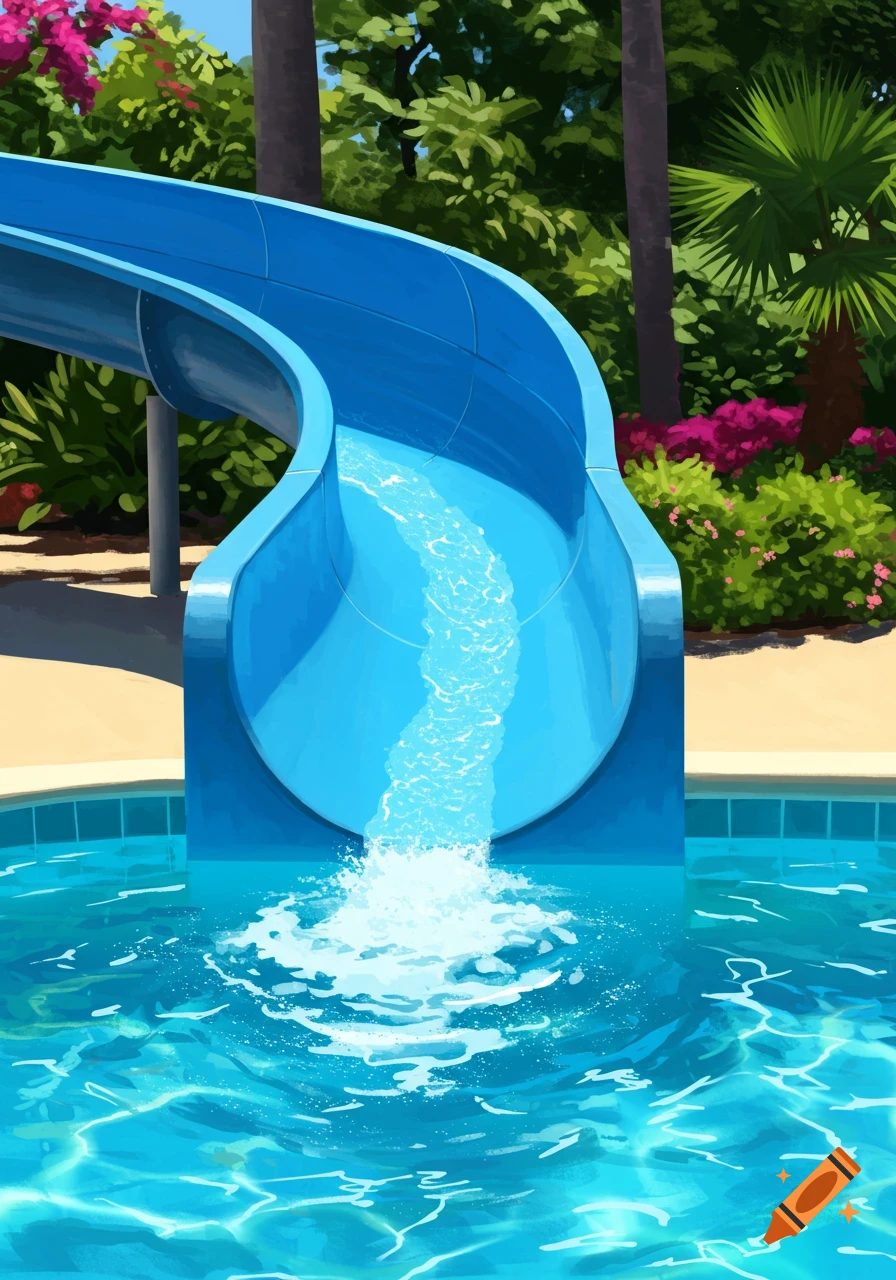 Illustration of a blue water slide splashing into a pool, surrounded by green trees and pink flowers.