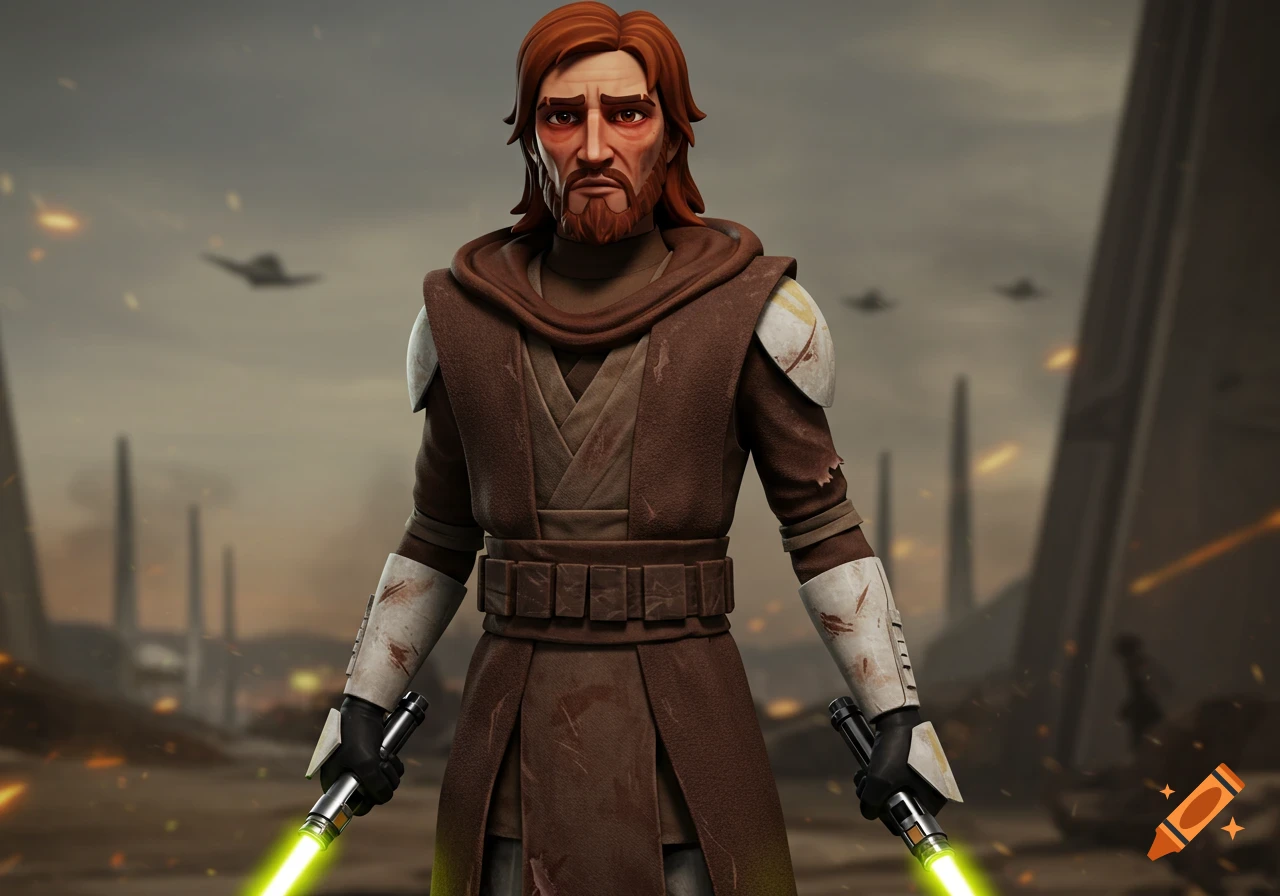 Clone Wars animated style Jedi resembling Obi-Wan Kenobi on a battlefield with two lightsabers.