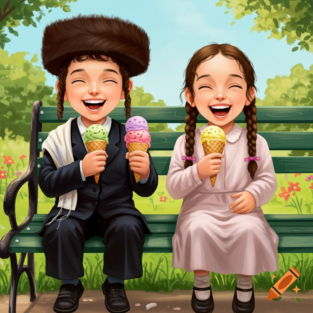 Two Hasidic kids sit on a park bench, laughing and eating ice cream cones.