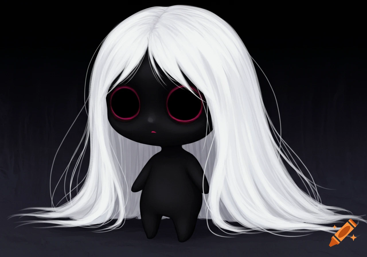 A small, black creature with large red-rimmed black eyes and long white hair stands against a dark background.