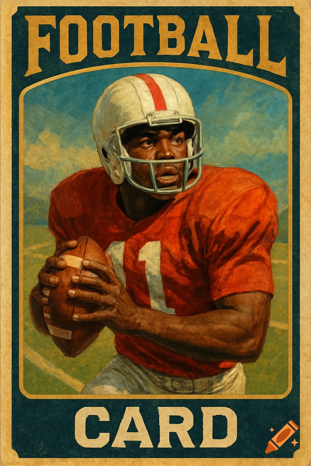 A retro-style illustration of a football player on a trading card.