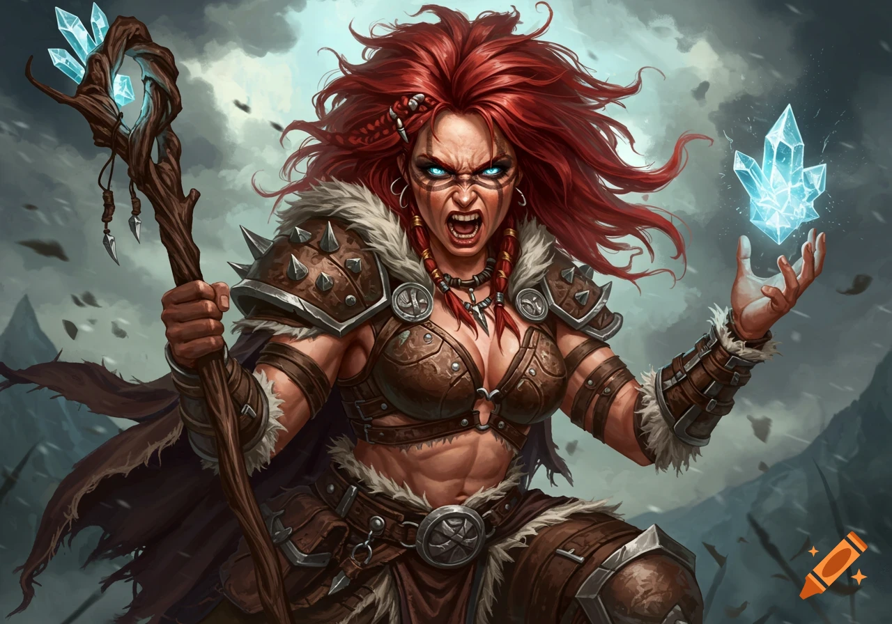 Furious female barbarian wizard holding a staff and magic crystal in a fantasy art style.