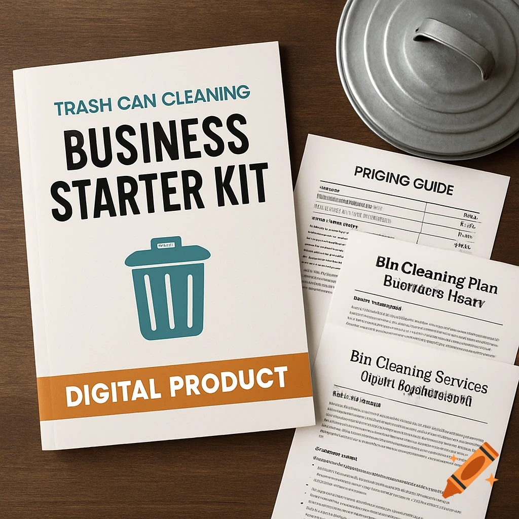A product photo of a book titled Trash Can Cleaning Business Starter Kit next to papers and a trash can lid on a table.