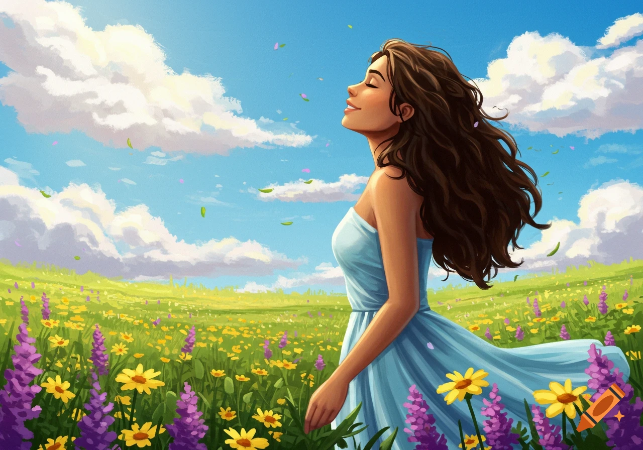 Illustrative image of a woman standing in a flowery meadow under a sunny sky.