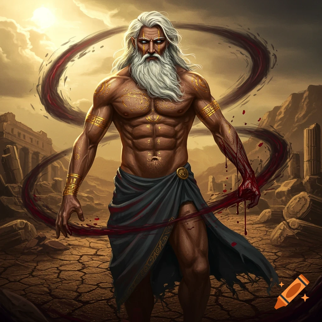 Illustrative depiction of an ancient god with white hair, gold markings, blood, and swirling red tendrils in ruins