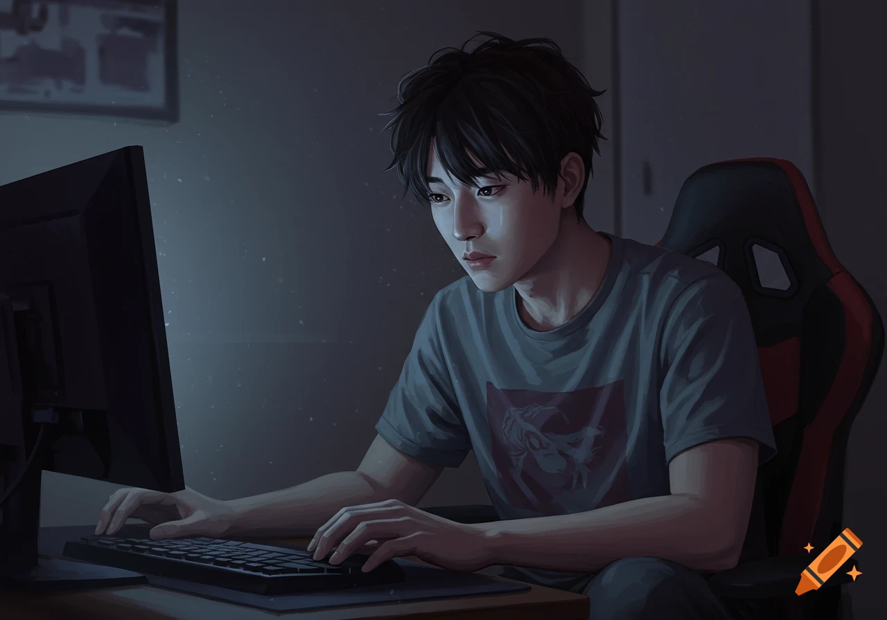 Illustration of a sad young Asian man playing on a computer in a dark room.