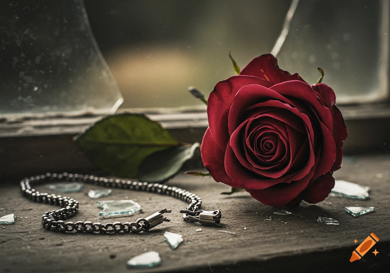 Photorealistic still life of a faded red rose, broken chain, and glass shards near a broken window.