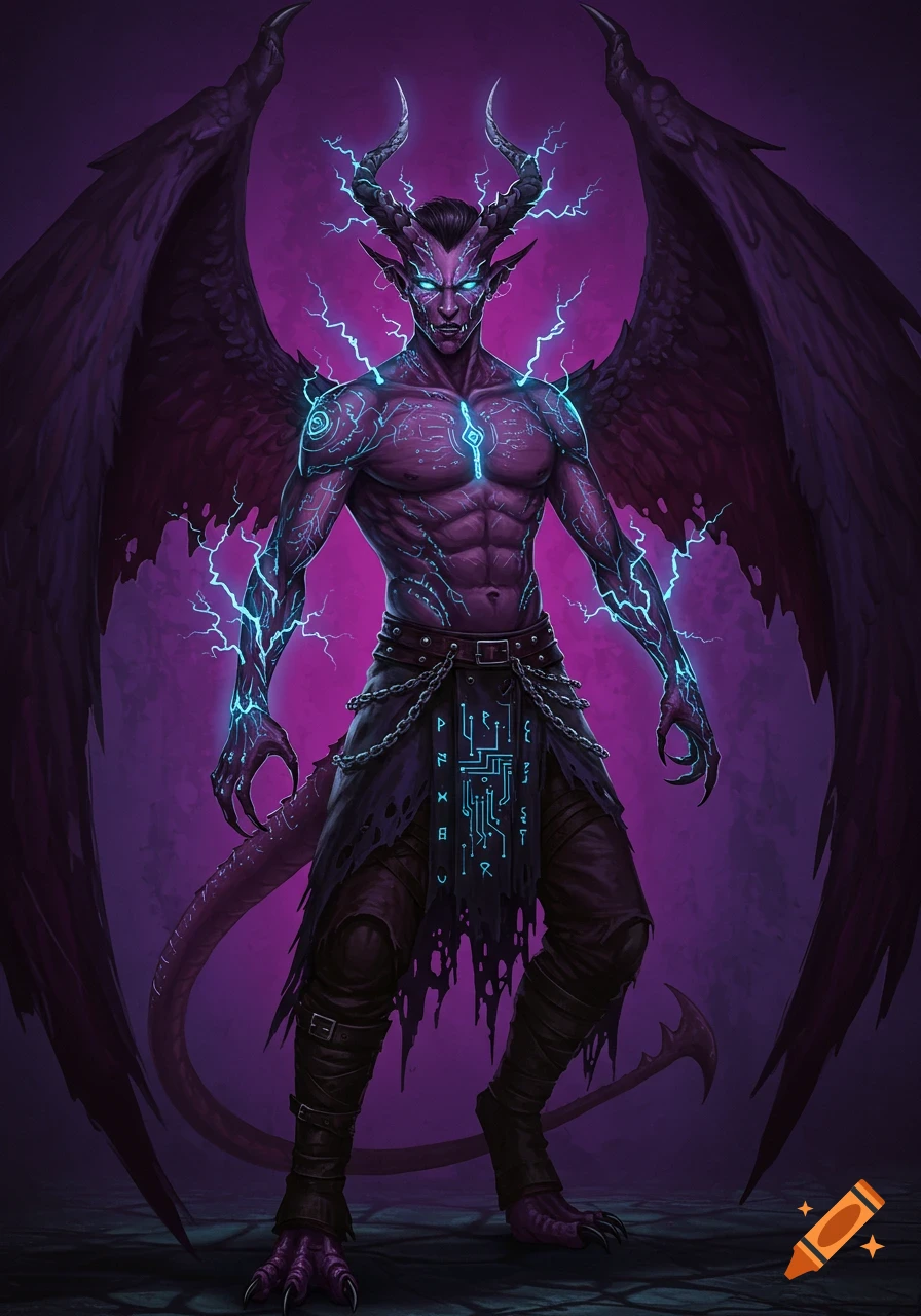 Full body illustration of a purple-skinned horned creature with large dark wings, glowing blue energy effects, and circuit patterns on its clothing.