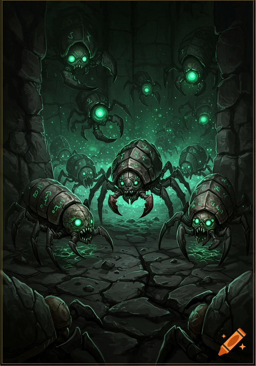 Mechanical spiders with glowing green eyes swarm in a dark dungeon.