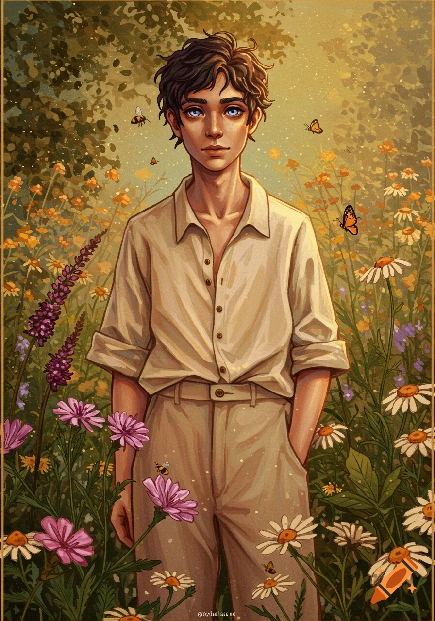 Illustration of a person standing in a field of flowers and butterflies ...