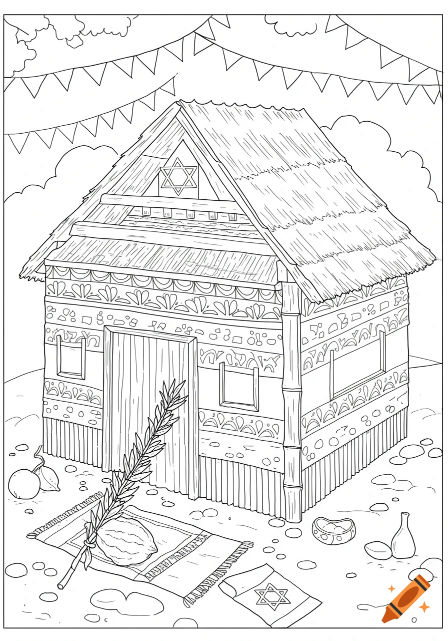 Line drawing of a Sukkah with Sukkot decorations for coloring.