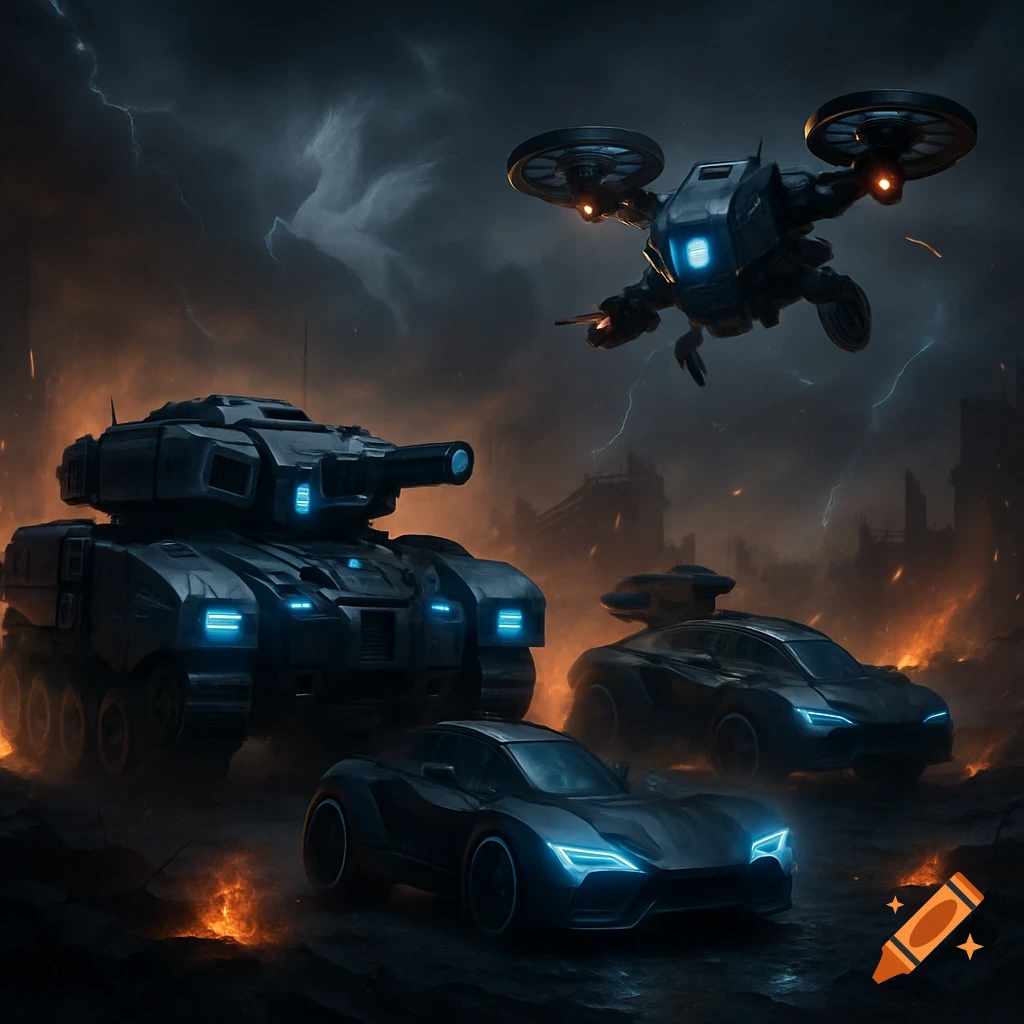 Futuristic tank, cars, and drone in a stormy, fiery ruined landscape.