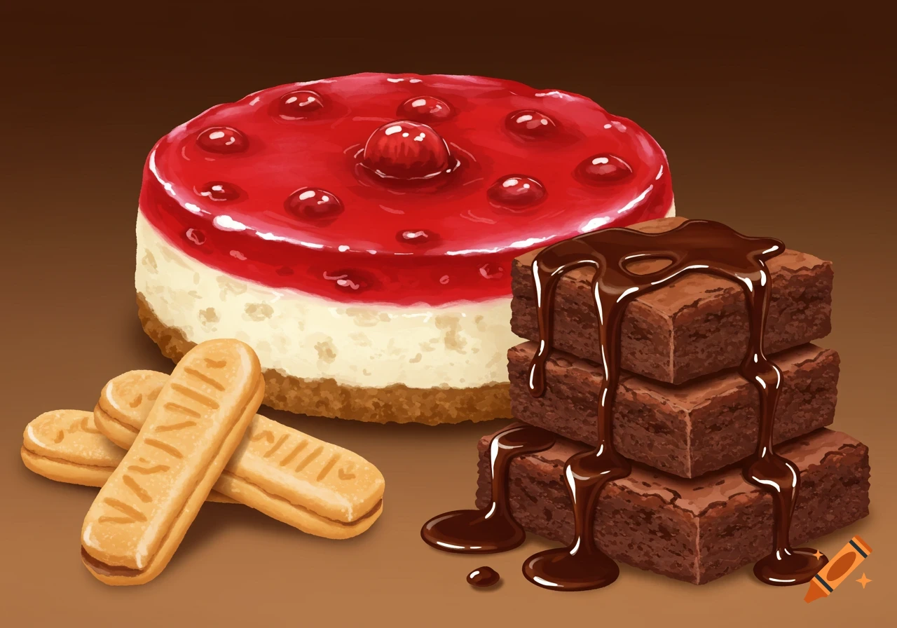 Illustration of cheesecake, brownies, and finger cookies