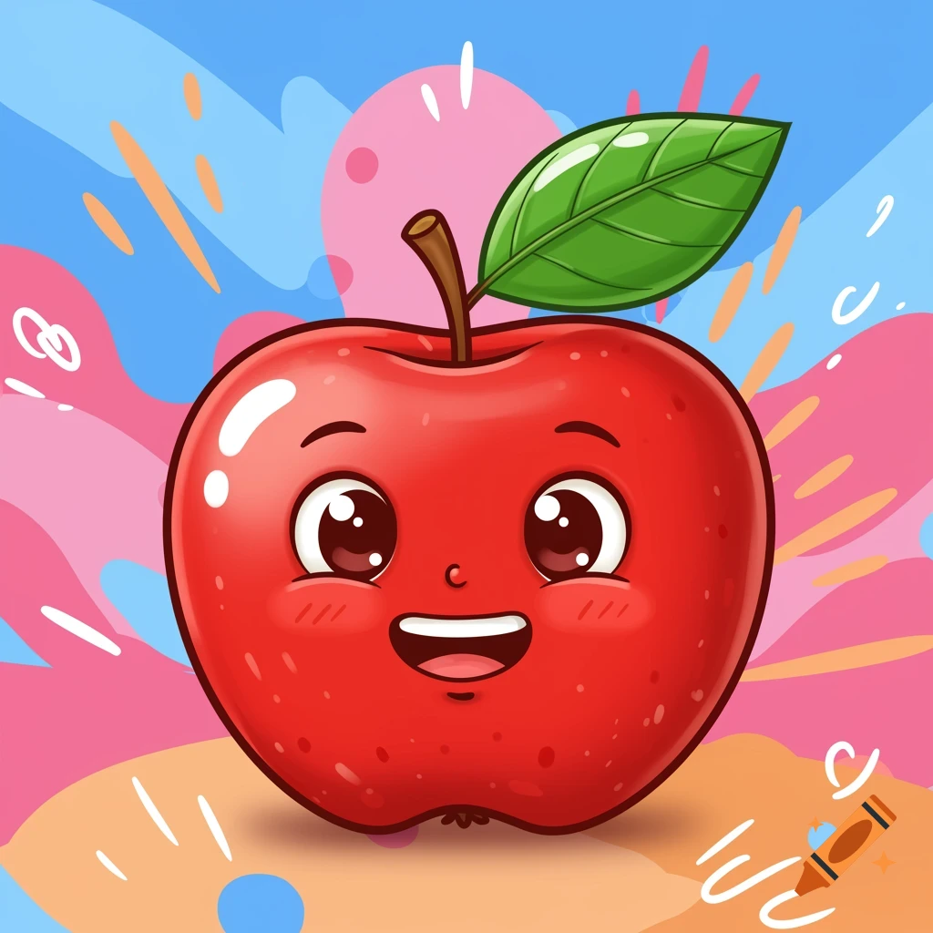 Cartoon red apple with a smiling face and green leaf on a colorful background.