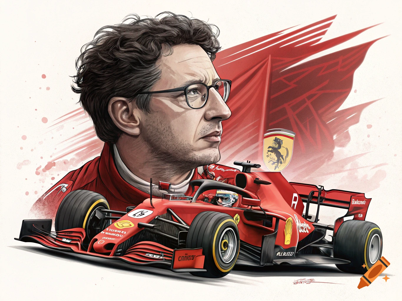 Illustration of a man with glasses next to a red Ferrari F1 car.