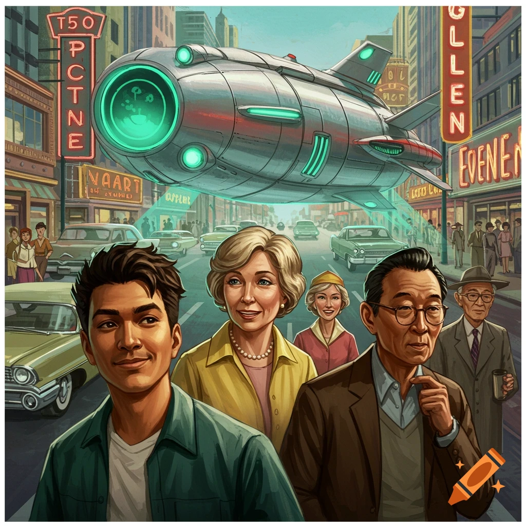 A spaceship hovers over a retro street scene with cars and neon signs as people look up.