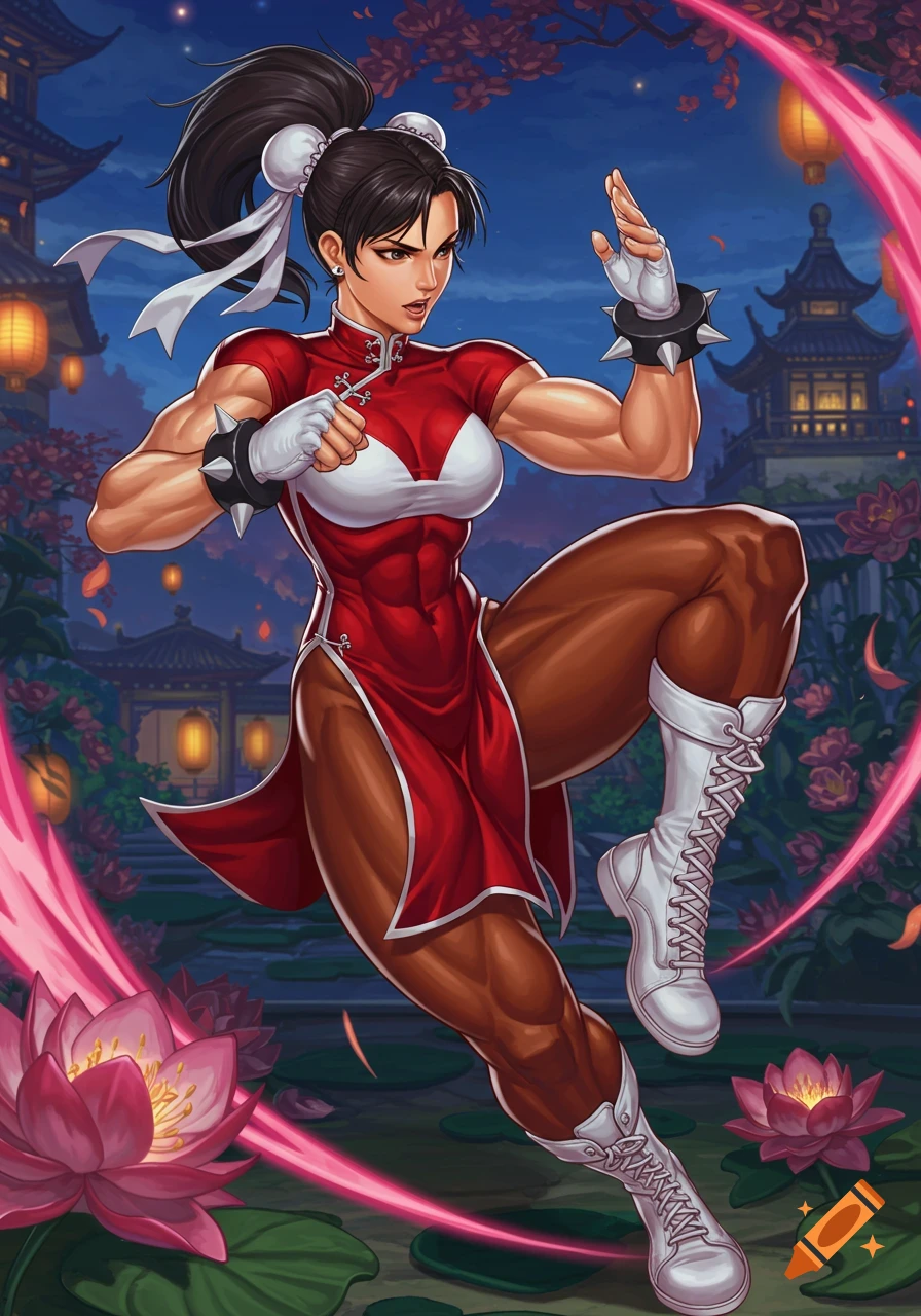 Chun-Li in fighting pose in red dress with temple background, illustration style