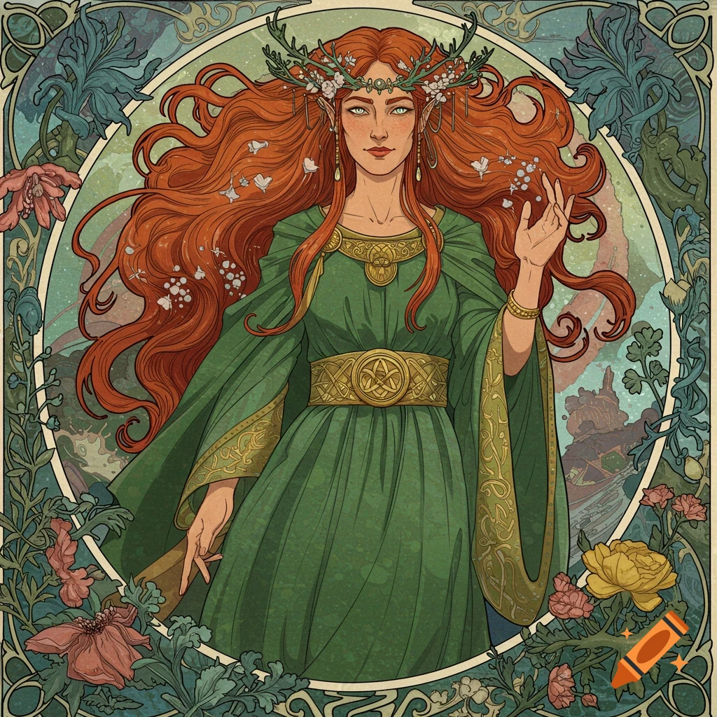 Art Nouveau style portrait of a goddess with long red hair, antler crown, and green dress, surrounded by decorative plants.