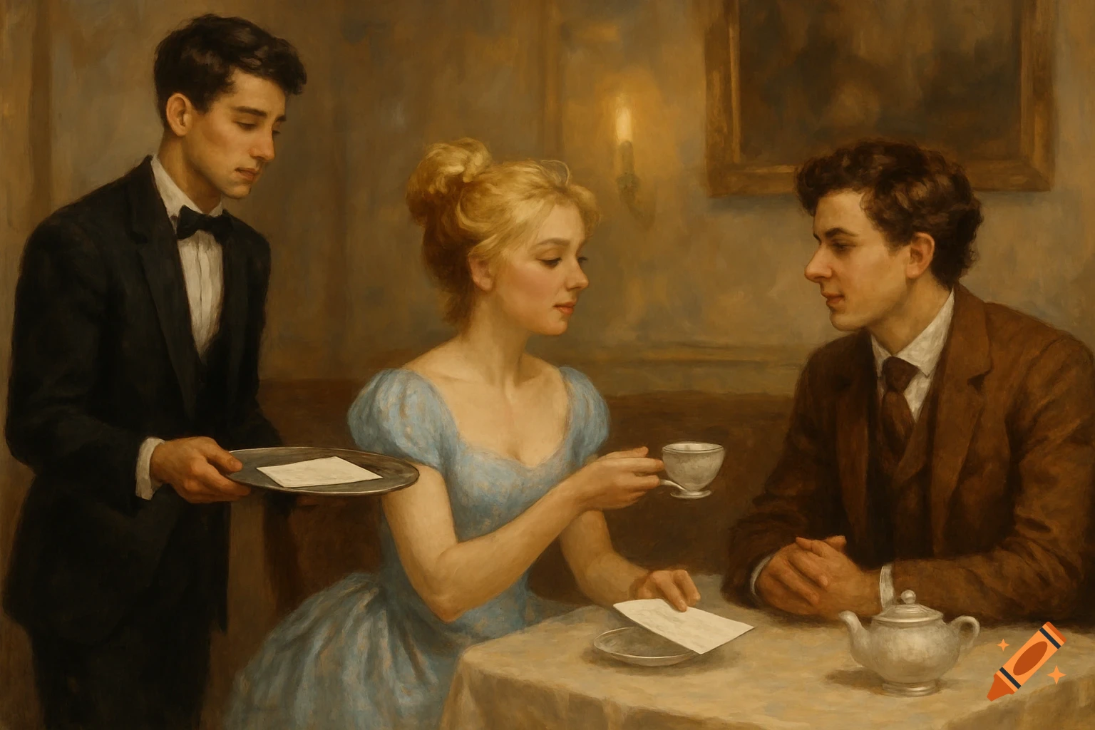 Classical style painting of a waiter serving a woman and man having tea.