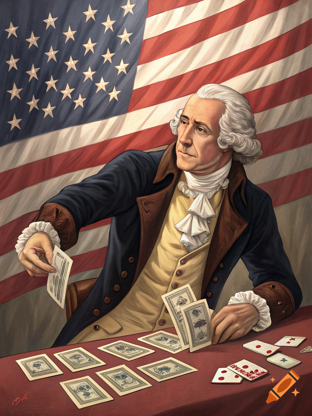 Painting of George Washington at a table with cards and money, American flag in background.