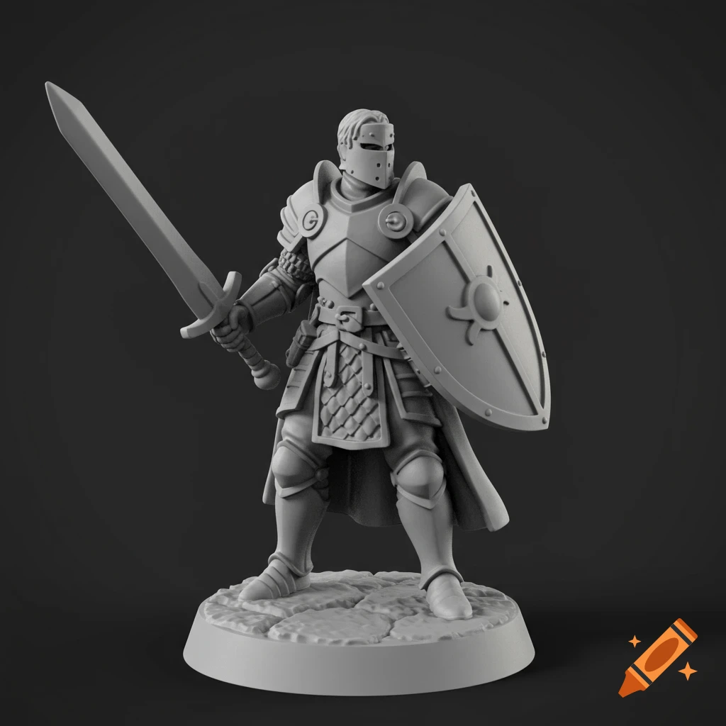 3D render of a fantasy paladin miniature in plate armor, holding a sword and shield.