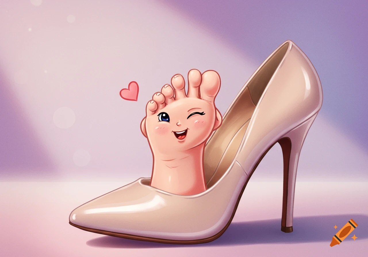 Cartoon foot with a face winks from inside a high heel shoe, with a heart.