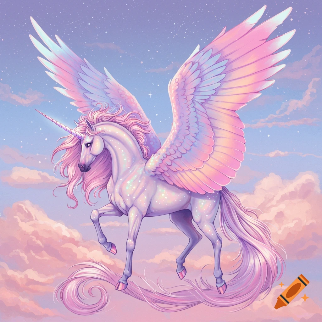 Pastel illustration of a flying unicorn with iridescent wings in a starry sky with clouds.