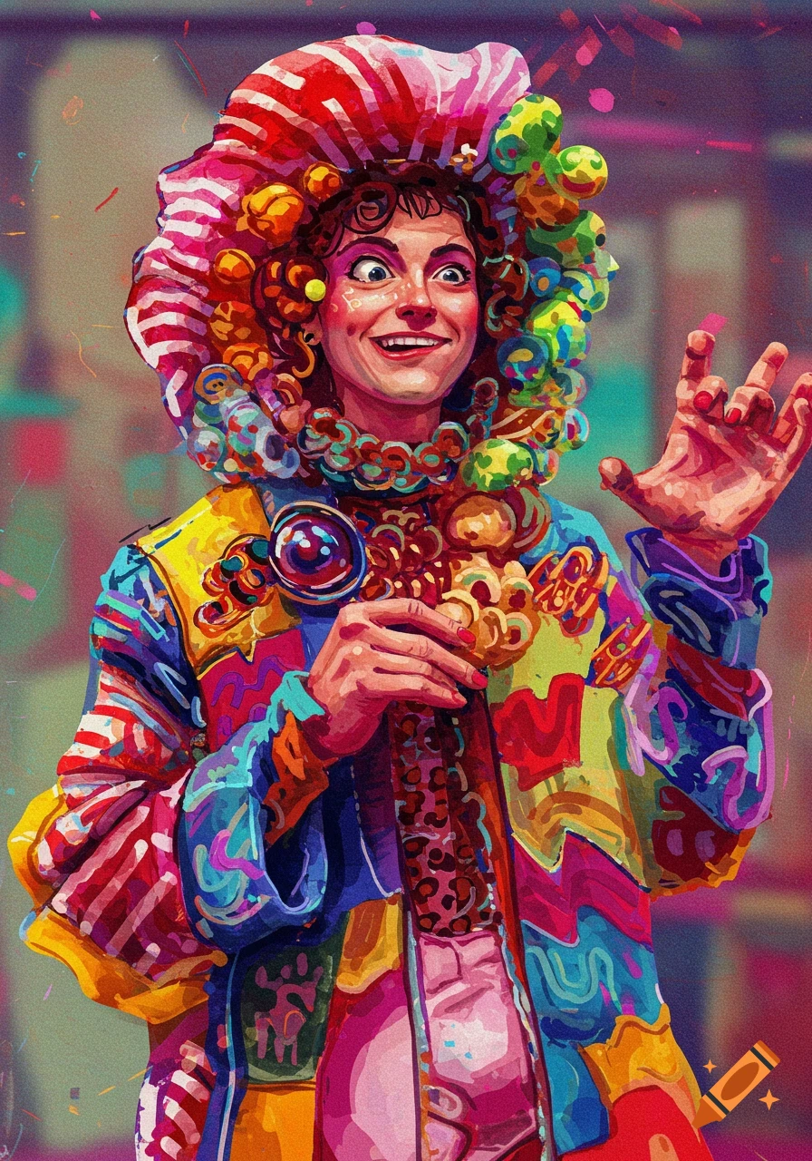 Colorful abstract painting of a person in a bizarre, layered costume with a large headdress.