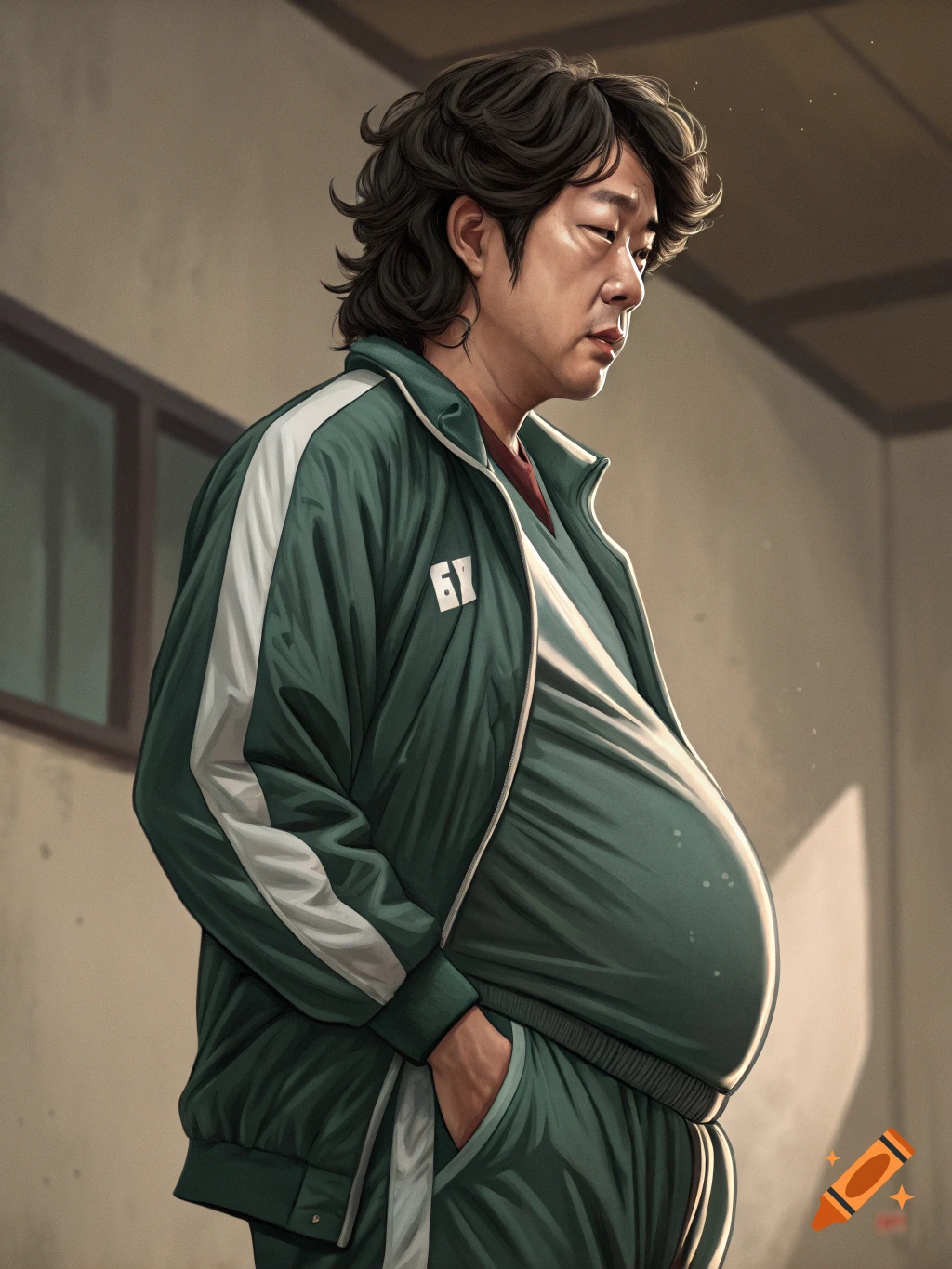 Illustration of a pregnant man in a green tracksuit with number 67, like Gi-hun from Squid Game.