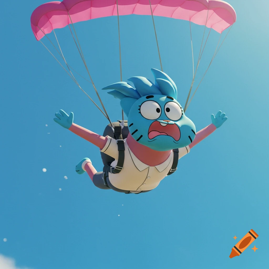 Blue cartoon character with a pink parachute skydiving with a scared expression.