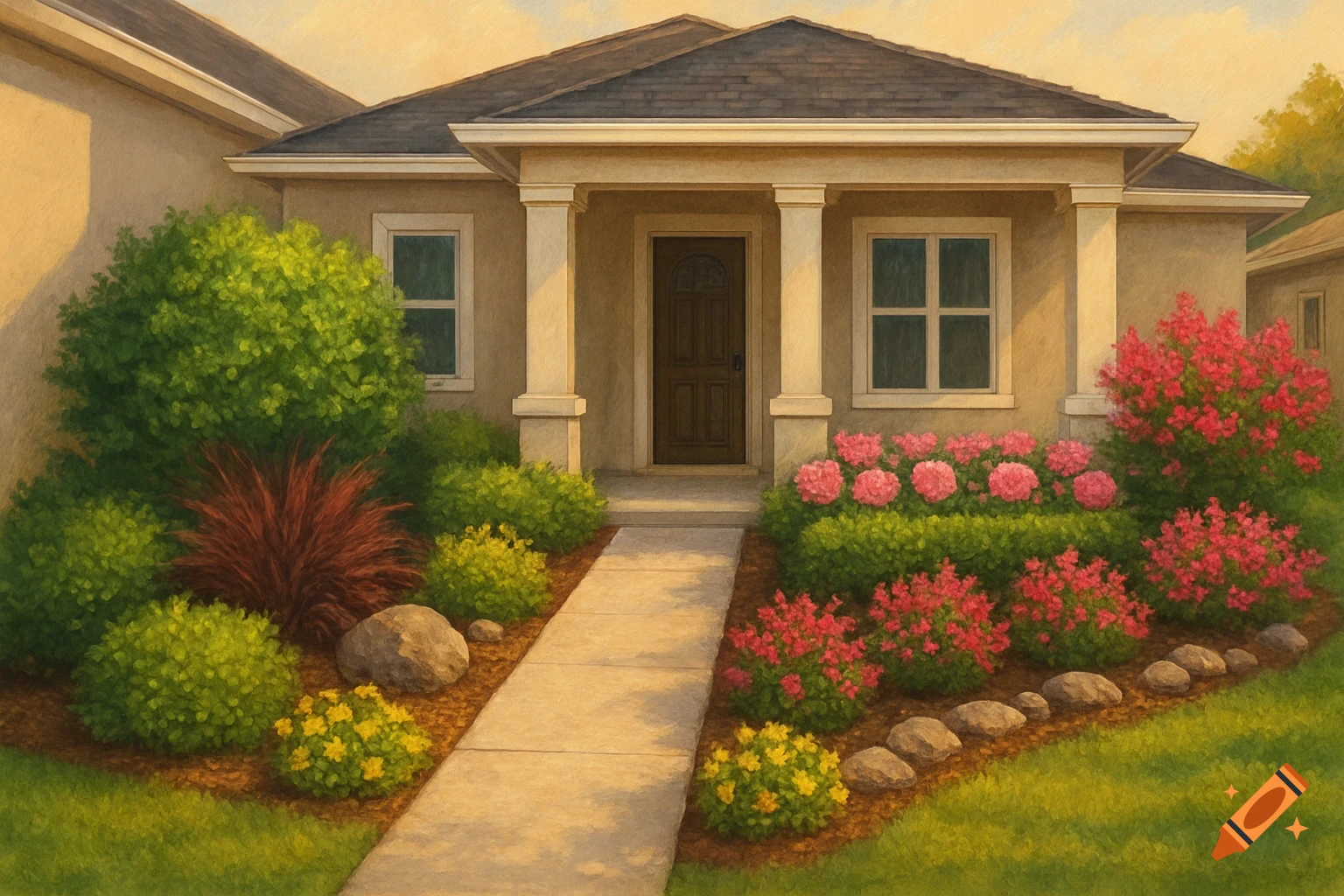 Painterly view of a house front with a walkway surrounded by lush landscaping, including bushes, pink and yellow flowers, and rocks.