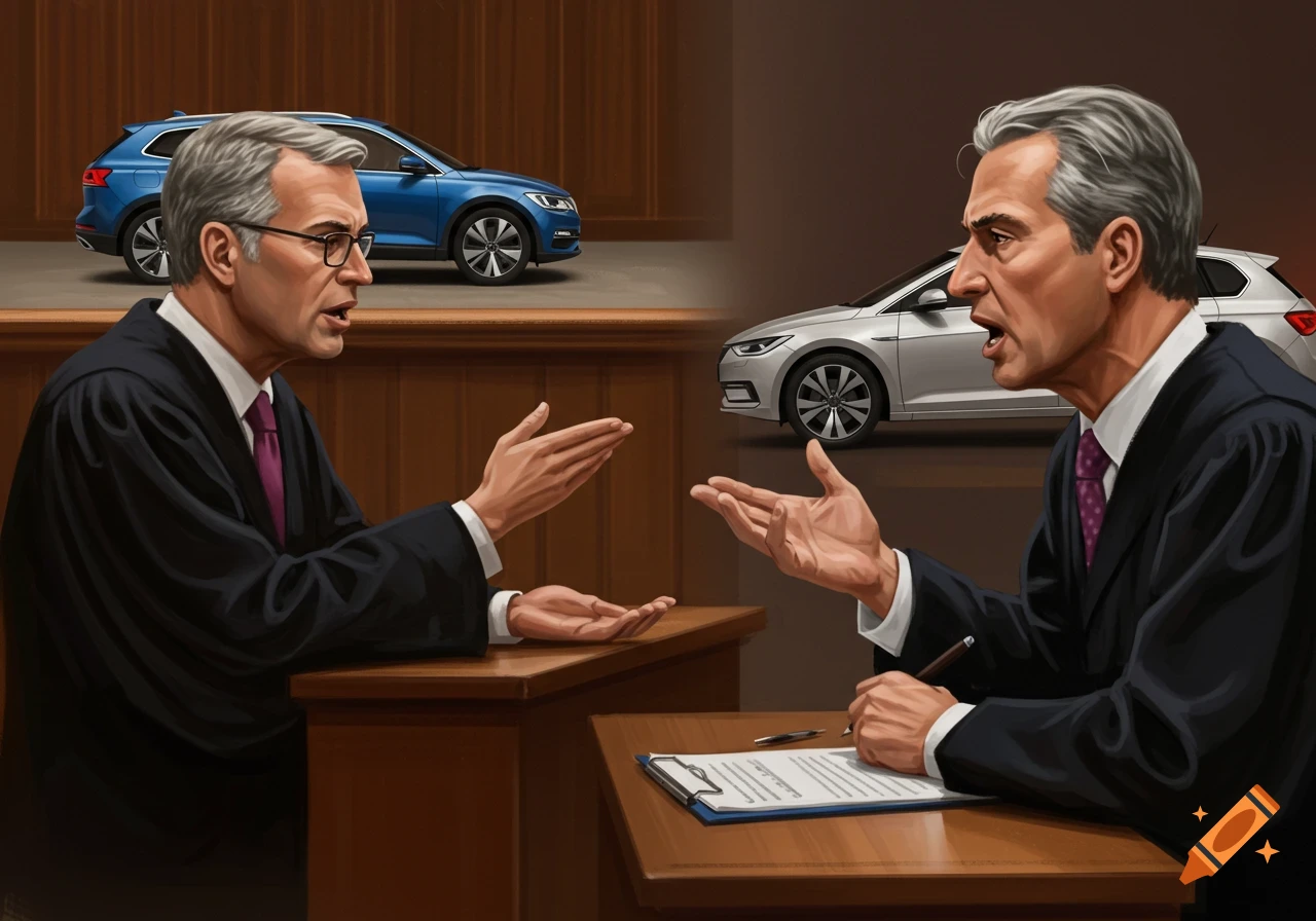 Two men in judicial robes in a courtroom with a blue car and a silver car in the background, illustration